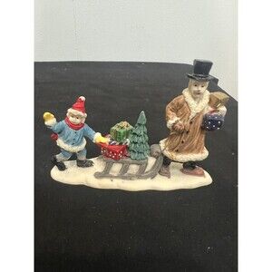 Vintage Christmas Sled Figurine • Man & Child Winter Scene • Resin Holiday Decor